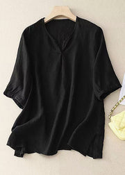 Loose Yellow V Neck Side Open Linen Shirt Half Sleeve