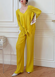 Loose Yellow V Neck Wrinkled Elastic Waist Two Piece Set Fall