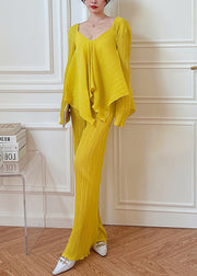 Loose Yellow V Neck Wrinkled Elastic Waist Two Piece Set Fall