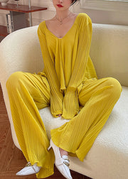 Loose Yellow V Neck Wrinkled Elastic Waist Two Piece Set Fall