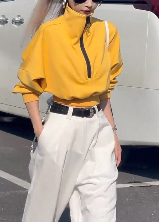 Loose Yellow Zip Up Cotton Sweatshirts Top Fall