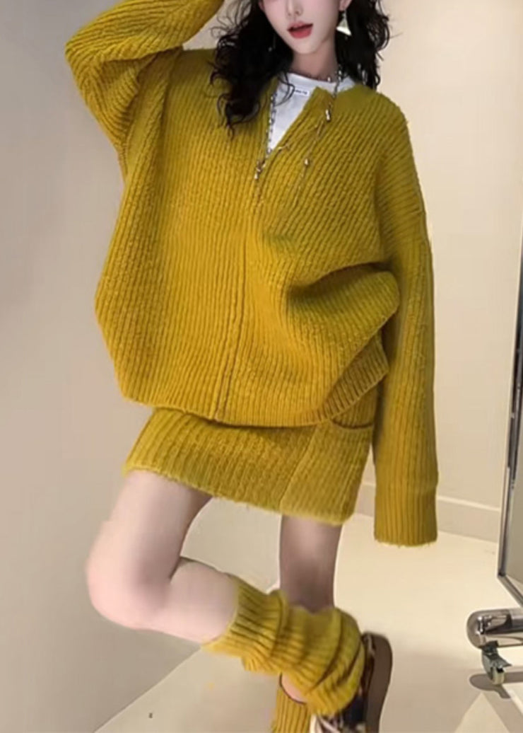Loose Yellow Zippered Cardigan And Skirts Knit Two Piece Set Fall