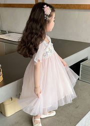 Lovely Light Pink Square Collar Embroideried Patchwork Tulle Kids Long Dresses Summer