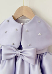 Lovely Purple Rivet Bow Silk Girls Long Dress And Shawl Two Piece Set Summer