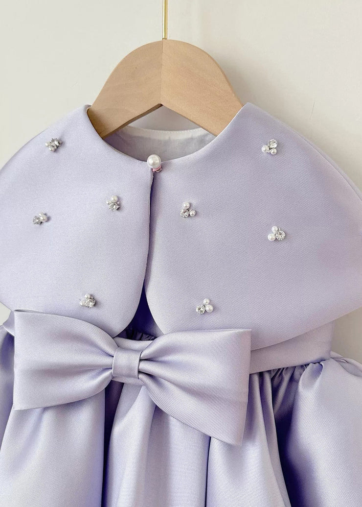 Lovely Purple Rivet Bow Silk Girls Long Dress And Shawl Two Piece Set Summer