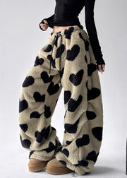 Loving Heart Pockets Fluffy Winter Wide Leg Pants Drawstring