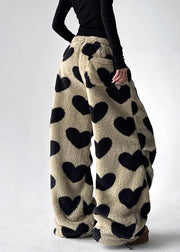 Loving Heart Pockets Fluffy Winter Wide Leg Pants Drawstring