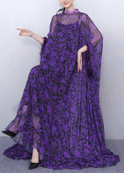 Luxurious Purple Print Patchwork Chiffon Two Pieces Set Half Sleeve