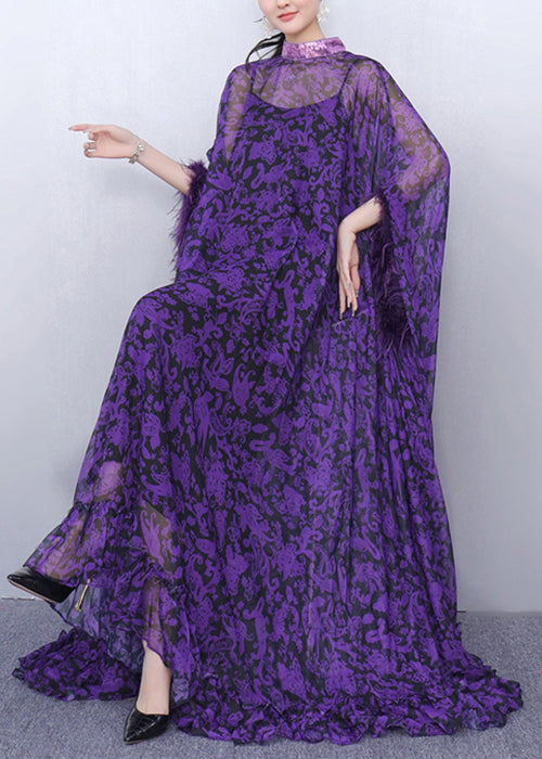 Luxurious Purple Print Patchwork Chiffon Two Pieces Set Half Sleeve