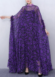 Luxurious Purple Print Patchwork Chiffon Two Pieces Set Half Sleeve