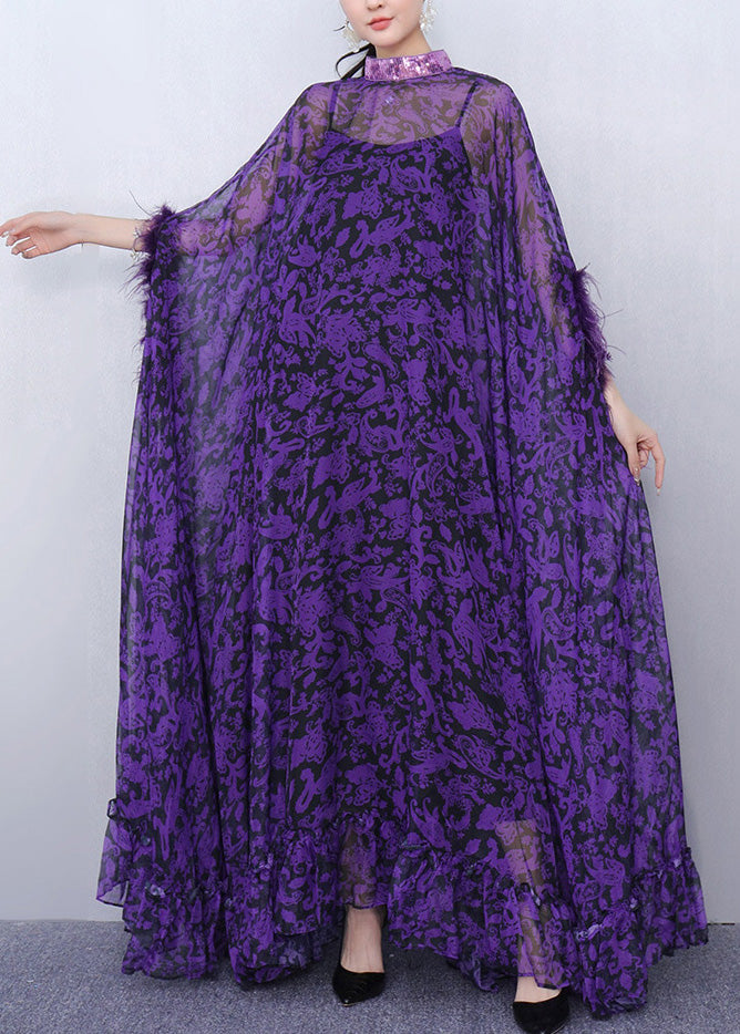 Luxurious Purple Print Patchwork Chiffon Two Pieces Set Half Sleeve