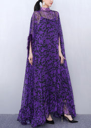 Luxurious Purple Print Patchwork Chiffon Two Pieces Set Half Sleeve