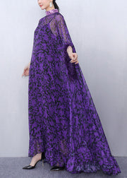 Luxurious Purple Print Patchwork Chiffon Two Pieces Set Half Sleeve