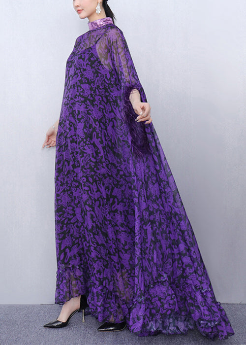 Luxurious Purple Print Patchwork Chiffon Two Pieces Set Half Sleeve