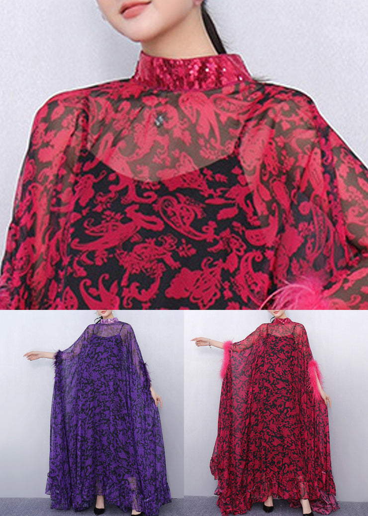 Luxurious Purple Print Patchwork Chiffon Two Pieces Set Half Sleeve