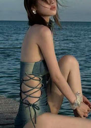 Luxury Club Halter Tie Waist Denim Bodysuit