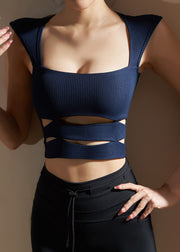 Luxury Dark Blue Striped Yoga Tops Sleeveless