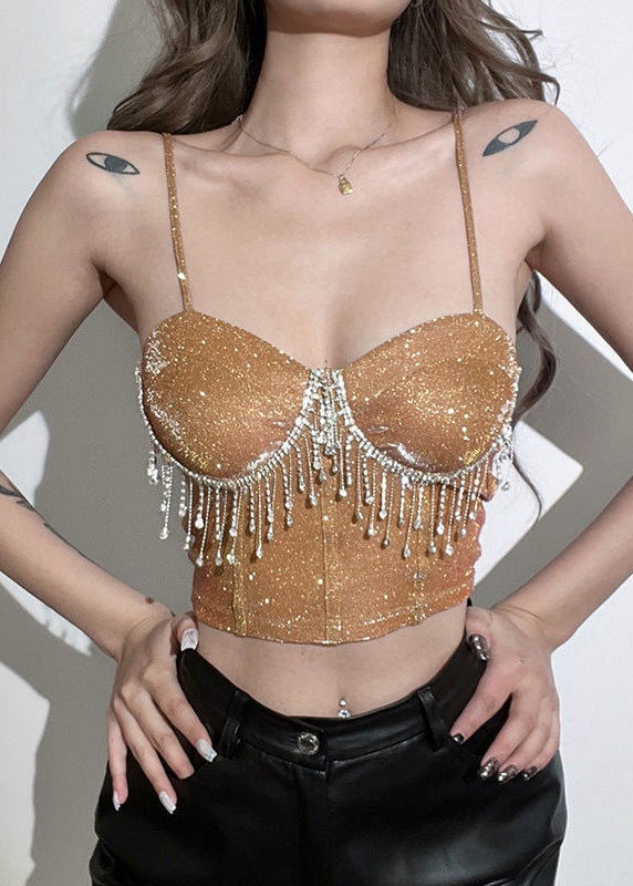 Luxury Khaki Straight Neck Rhinestone Tassel Short Strap