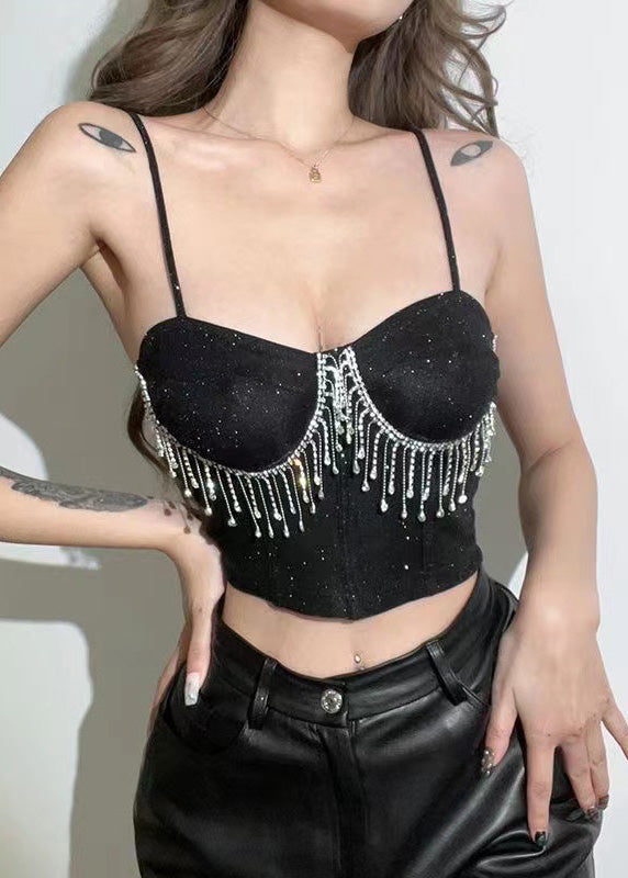 Luxury Khaki Straight Neck Rhinestone Tassel Short Strap