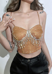 Luxury Khaki Straight Neck Rhinestone Tassel Short Strap