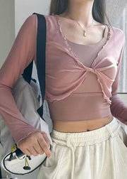 Luxury Pink Wrinkled Yoga Smock And Sports Bras Long Sleeve Two Piece Set