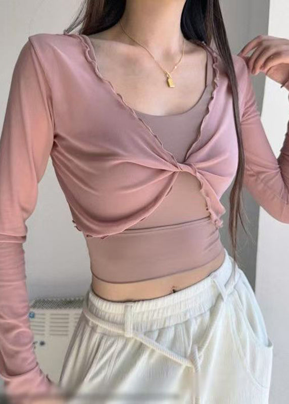 Luxury Pink Wrinkled Yoga Smock And Sports Bras Long Sleeve Two Piece Set