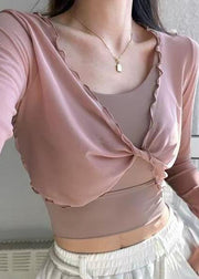 Luxury Pink Wrinkled Yoga Smock And Sports Bras Long Sleeve Two Piece Set