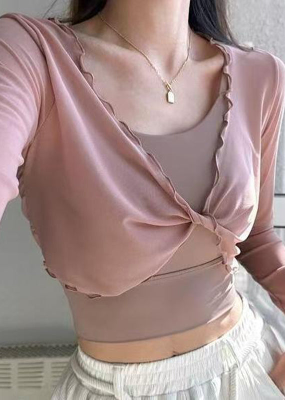 Luxury Pink Wrinkled Yoga Smock And Sports Bras Long Sleeve Two Piece Set