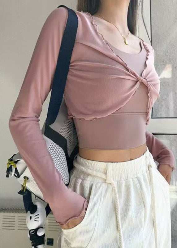 Luxury Pink Wrinkled Yoga Smock And Sports Bras Long Sleeve Two Piece Set