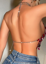 Luxury Rose Halter Rhinestone Tassel Tank Summer