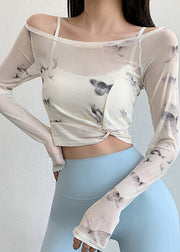 Luxury White Print Wrinkled Tulle Fitting Workout Tops