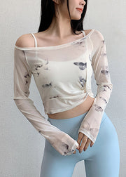 Luxury White Print Wrinkled Tulle Fitting Workout Tops