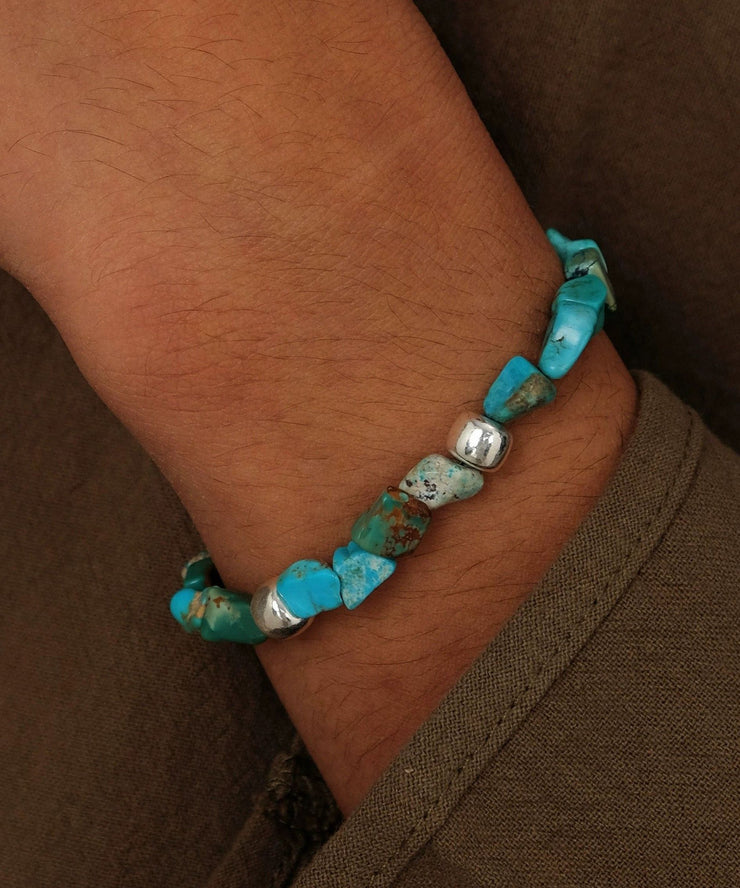 Men Blue Stergild Silver Turquoise Beads Chain Bracelet