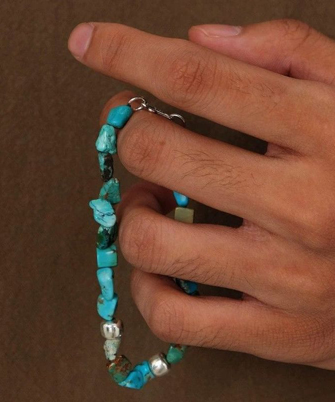 Men Blue Stergild Silver Turquoise Beads Chain Bracelet