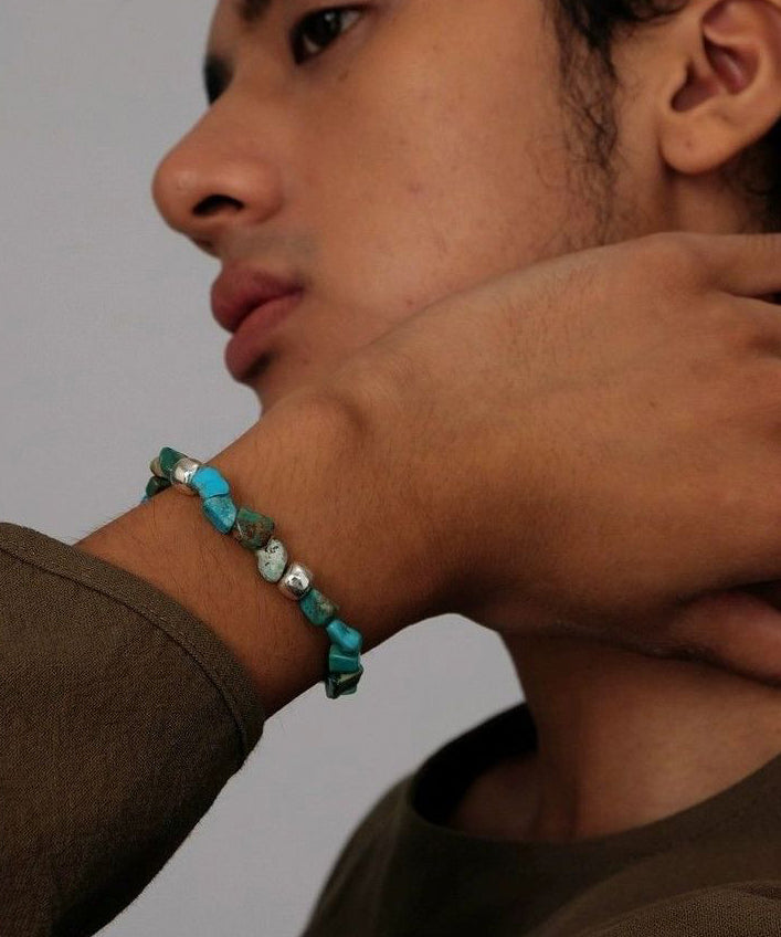 Men Blue Stergild Silver Turquoise Beads Chain Bracelet