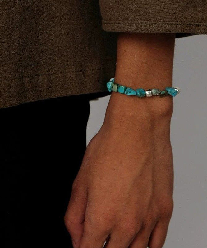 Men Blue Stergild Silver Turquoise Beads Chain Bracelet