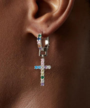 Men Rainbow Sterling Silver Zircon Cross Hoop Earrings