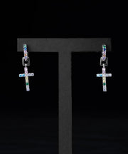 Men Rainbow Sterling Silver Zircon Cross Hoop Earrings