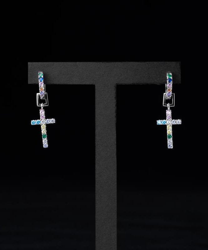 Men Rainbow Sterling Silver Zircon Cross Hoop Earrings