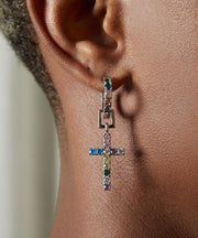 Men Rainbow Sterling Silver Zircon Cross Hoop Earrings