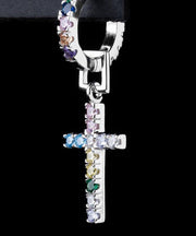 Men Rainbow Sterling Silver Zircon Cross Hoop Earrings