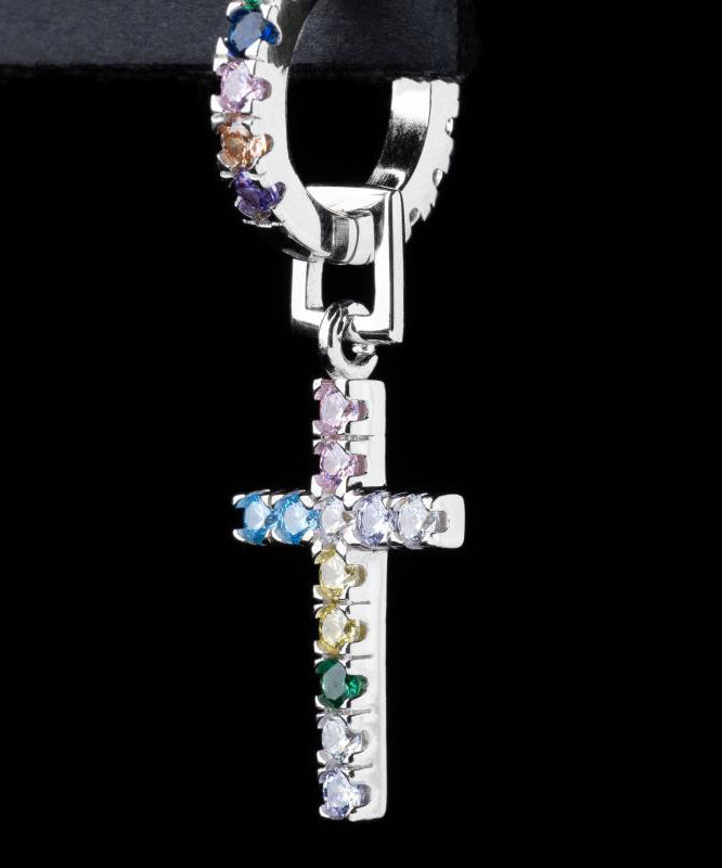 Men Rainbow Sterling Silver Zircon Cross Hoop Earrings