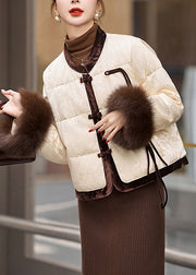 Milk White Patchwork Duck Down Jacket In Winter Tasseled Winter