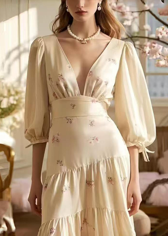 Milk White Print Draping Silk Vacation Dresses V Neck Half Sleeve
