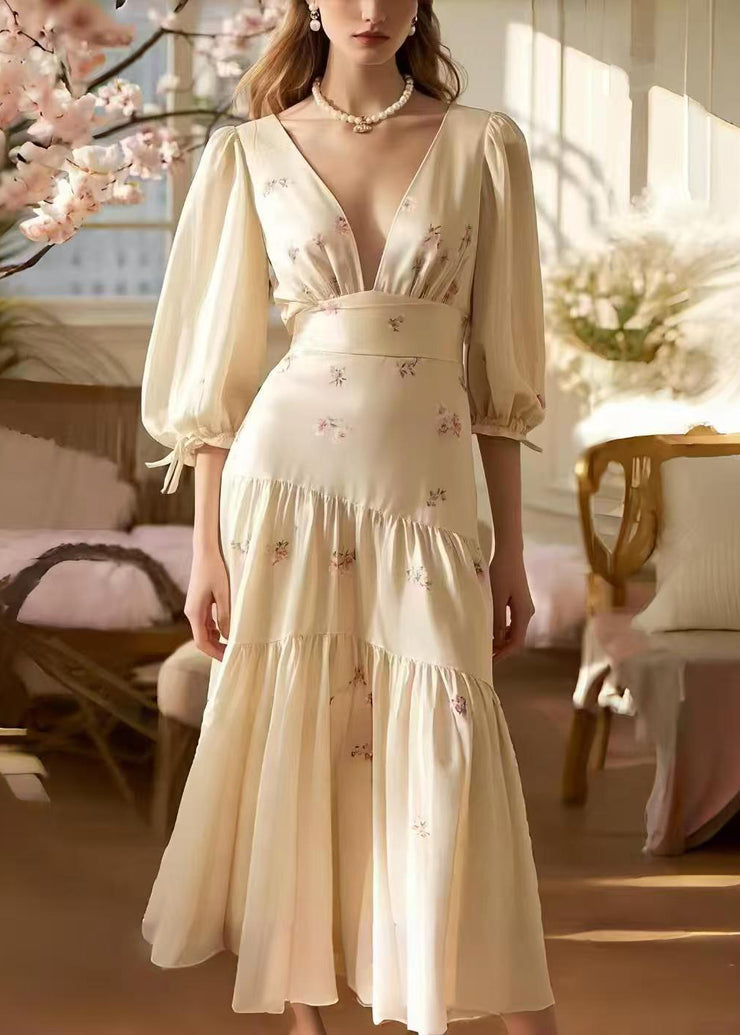 Milk White Print Draping Silk Vacation Dresses V Neck Half Sleeve