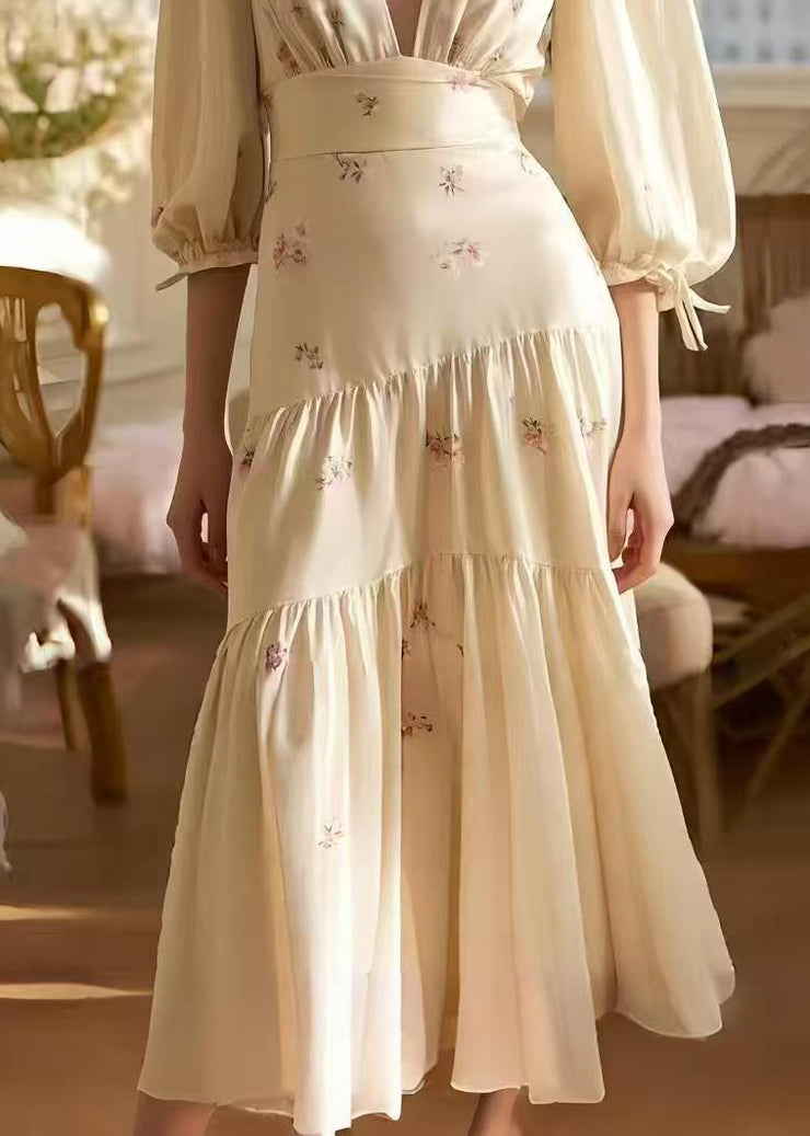 Milk White Print Draping Silk Vacation Dresses V Neck Half Sleeve
