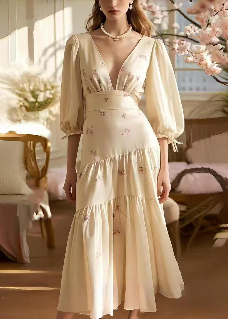 Milk White Print Draping Silk Vacation Dresses V Neck Half Sleeve