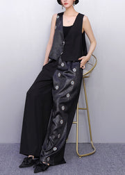 Minimalist Noir Asymmetry Vest And Wide-Leg Pants Floral Bloom