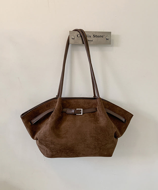 Minimalist Style Coffee Suede Pleated Large Capacity Shoulder Bag