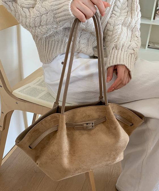 Minimalist Style Coffee Suede Pleated Large Capacity Shoulder Bag